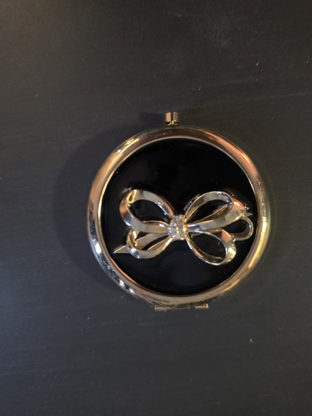 Avon Gold Bow Compact Mirror with Black Enamel